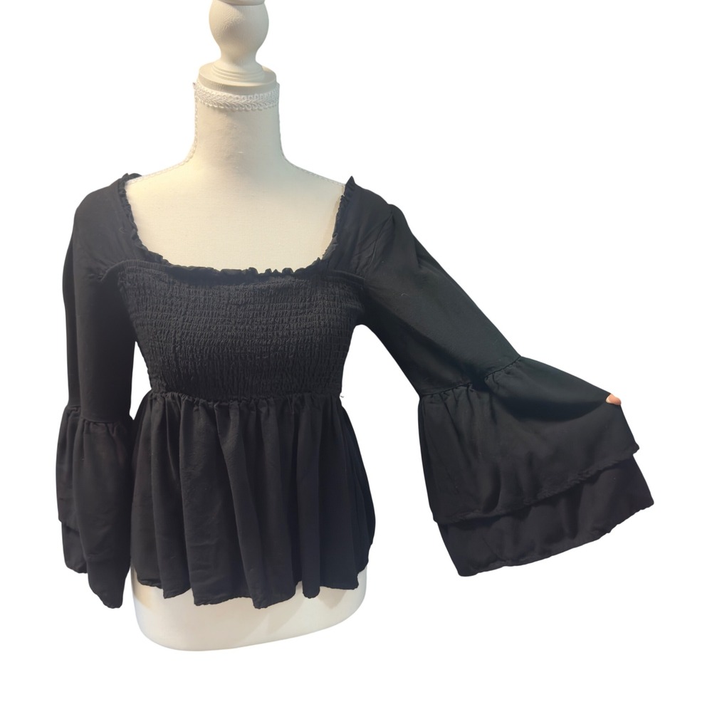 Pink Lily Black Smocked Peplum Top Tiered Bell Sleeve Cotton Square Neck M